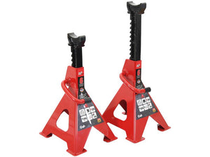 A pair of red metal axle stands from Sparex, each with a 6-ton Safe Working Load, featuring adjustable height mechanisms and TUV-GS Certification safety locking pins, are available under Sparex Part Number: S.167811.