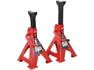 Two red and black adjustable axle stands from Sparex are shown, each with a TUV-GS certified Safe Working Load of ten tons (Sparex Part Number: S.167812).