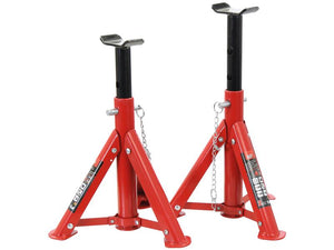 A pair of foldable axle stands from Sparex, model S.167813, designed to support up to 2000KGs with safety chains and black extension posts for added stability during vehicle maintenance. These red adjustable stands ensure a safe working load, providing peace of mind while you work on your car.