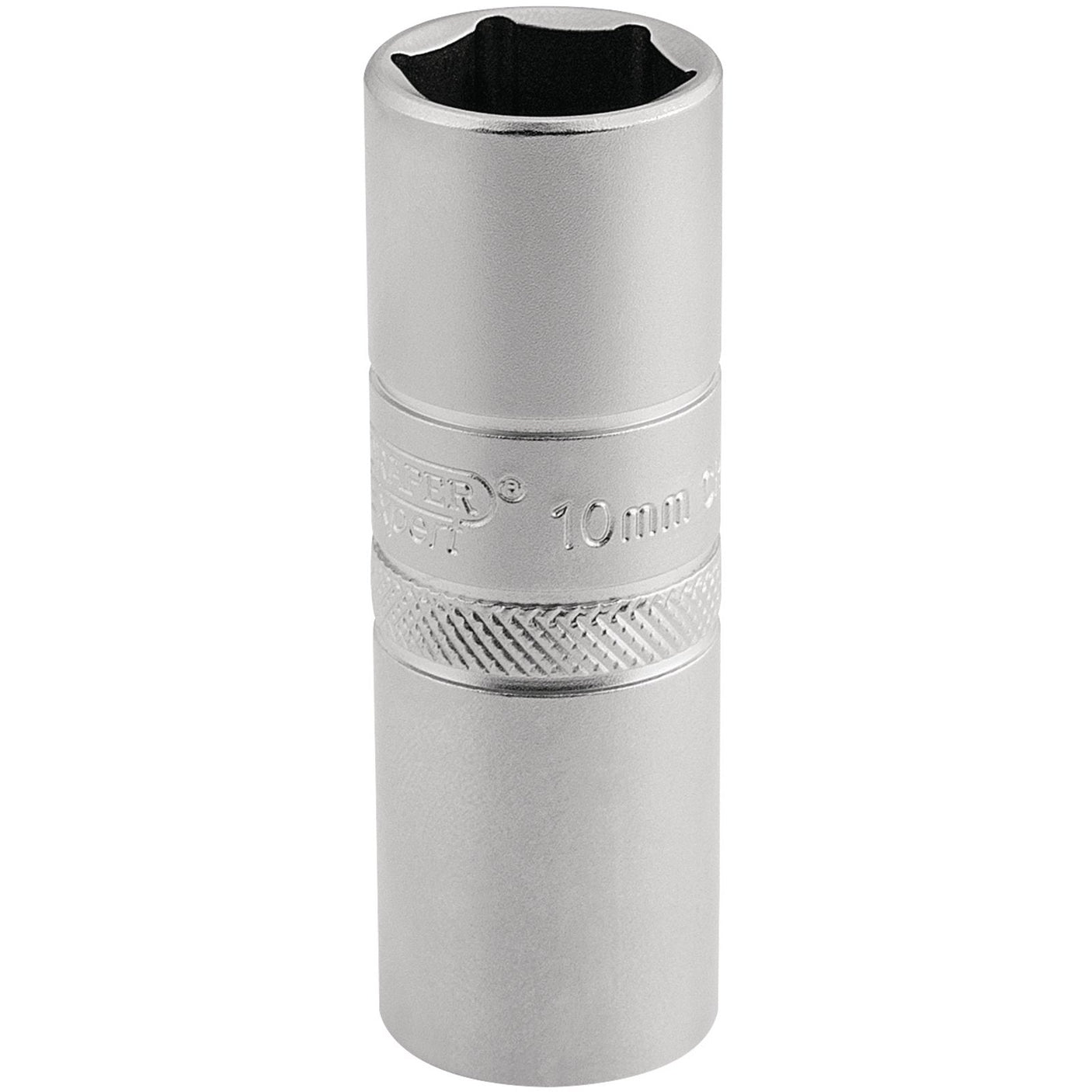 A Draper 10mm Thread 6 Point Satin Chrome Spark Plug Socket with a knurled grip, crafted from durable chrome vanadium steel and featuring brand engraving, fits a 1/2" square drive and measures 16mm in length.