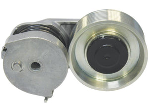 Close-up image of a Sparex Belt Tensioner (Part No. S.167828), featuring a spring mechanism and a pulley, compatible with John Deere machinery.