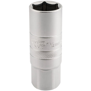 The Draper 12mm Thread 6 Point Satin Chrome Spark Plug Socket, made from durable chrome vanadium steel, features a knurled grip and engraved branding for premium quality and spark plug protection.