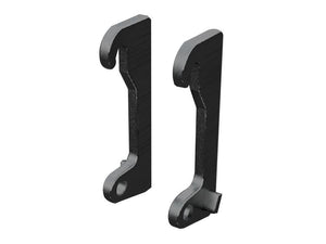 Two black, L-shaped plastic clips with hooks on both ends, positioned vertically against a plain white background, highlight the precise fitting essential for various uses. The Loader Bracket (Pair), Replacement for: CAT by Sparex, Part Number S.167830, ensures durability and optimal thickness for long-lasting performance.