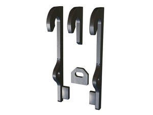 The Loader Bracket (Pair) by Sparex, replacement for DIECI (S.167832), consists of three metal hooks and a small, flat, rectangular piece with a notch arranged vertically on a white background. The thickness of each piece is 30 mm.