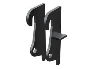 This pair of Sparex Loader Brackets, designed as replacements for JCB Tool Carriers and identified by Sparex Part Number S.167834, features two durable and reliable black metal hooks with a rectangular shape and rounded holes at the bottom. Each hook measures 25 mm, making them ideal for fitting purposes and perfect for hanging or attaching objects. These are essential accessories for your needs.