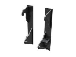 The Sparex Loader Bracket (Pair) for JCB 2CXL, part number S.167835, features two black, vertical metal brackets with hook-like extensions and rectangular bases. Clearly labeled RH & LH for easy identification, these brackets have mounting holes at the bottom, a curved slot towards the top, and are impressively thick for enhanced durability.