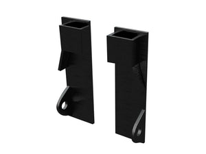 Introducing the Loader Bracket (Pair) by Sparex, part number S.167838, designed as a replacement for Claas Sanderson machinery. These black, rectangular 3D-printed plastic brackets feature mounting holes at the base and are each labeled RH & LH. With a thickness of 12mm, they offer enhanced durability and stability, making them perfect for various fitting applications.