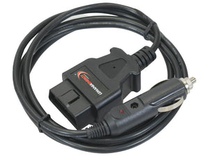 The Sparex OBD Memory Saver Cable, suitable for Lemania Start Boosters (Sparex Part Number: S.167842), features an OBD-II connector on one end and a 12V car cigarette lighter adapter on the other. This black diagnostic cable has a length of 1500 mm, providing ample reach for various diagnostic tasks.