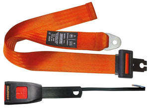 The Sparex Seat Belt Kit from Sparex features an orange belt with a black buckle that has a "Press" button, along with an attached information tag detailing specifications.