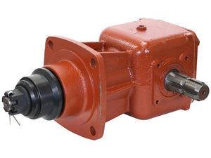 A red mechanical gearbox, compatible with gear oil, features two cylindrical shafts on opposite ends and a mounting flange on one side. This dependable component is akin to the Sparex Gearbox LF205-192THL (T Model) in its robust design and performance reliability, similar to the Comer 9.205.809.00 and identified by Sparex Part Number S.167857 with specifications of 30 hp and a ratio of 1:1:92, including a spline input of 1 3/8'' x 6.