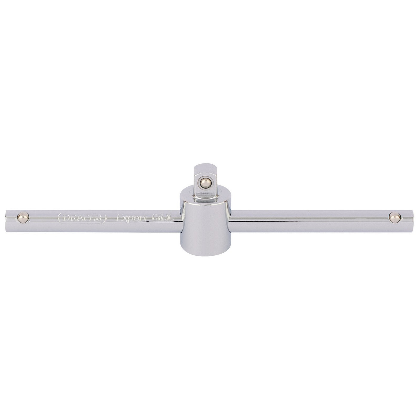 The Draper Sliding T Bar, 1/4" Sq. Dr. - B52/B, crafted from chrome vanadium steel and chrome-plated, features a central rotating handle and a DIN3122-compliant square drive for attaching and maneuvering sockets. The spring-loaded ball bearing ensures secure socket retention during use.