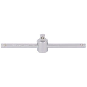 The Draper Sliding T Bar, 1/4" Sq. Dr. - B52/B, crafted from chrome vanadium steel and chrome-plated, features a central rotating handle and a DIN3122-compliant square drive for attaching and maneuvering sockets. The spring-loaded ball bearing ensures secure socket retention during use.