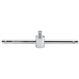 The Draper Satin Chrome Sliding T Bar, 1/4" Sq. Dr. - B52/MS from Draper, is made of durable chrome vanadium steel and features a central rotating pivot and horizontal grip for secure socket holding, designed to meet DIN3122 and ISO3315 specifications.