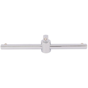 The Draper Sliding T Bar, 3/8" Sq. Dr. - D75/B, is a chrome-finished T-bar handle crafted from chrome vanadium steel with a central pivot point, designed for adjusting or tightening various tools and equipment.