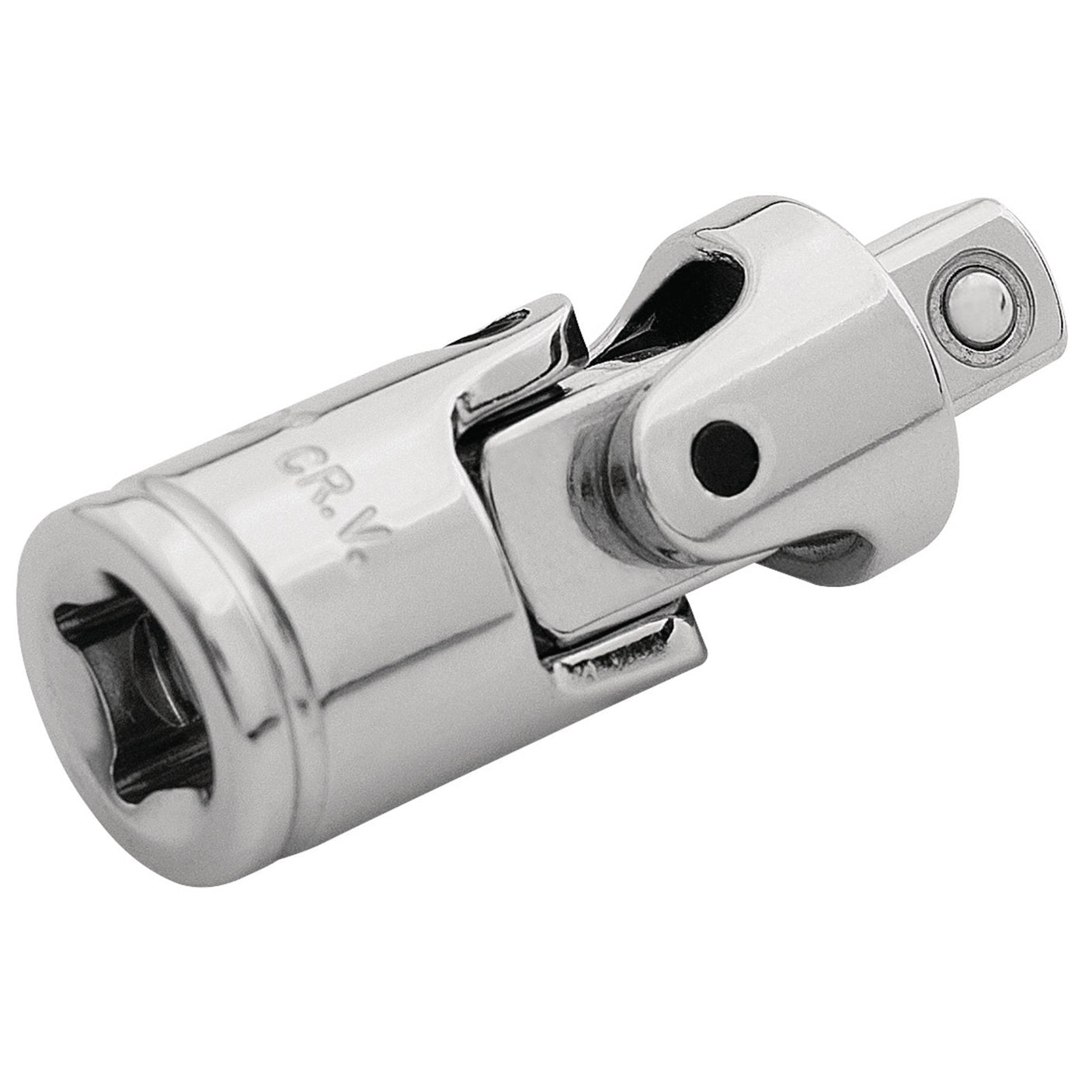 The Draper Universal Joint, 1/4" Sq. Dr. - B53/B is a chrome vanadium steel socket with a polished finish, designed for connecting tools like wrenches to reach tight spaces, and it complies with DIN3122 standards.