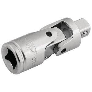 Introducing the Draper Satin Chrome Universal Joint, 1/4" Sq. Dr. - B53/MS by Draper, crafted from durable chrome vanadium steel with a pivoting mechanism. This adapter is perfect for connecting socket wrenches to access bolts at various angles, ensuring secure socket holding capability.