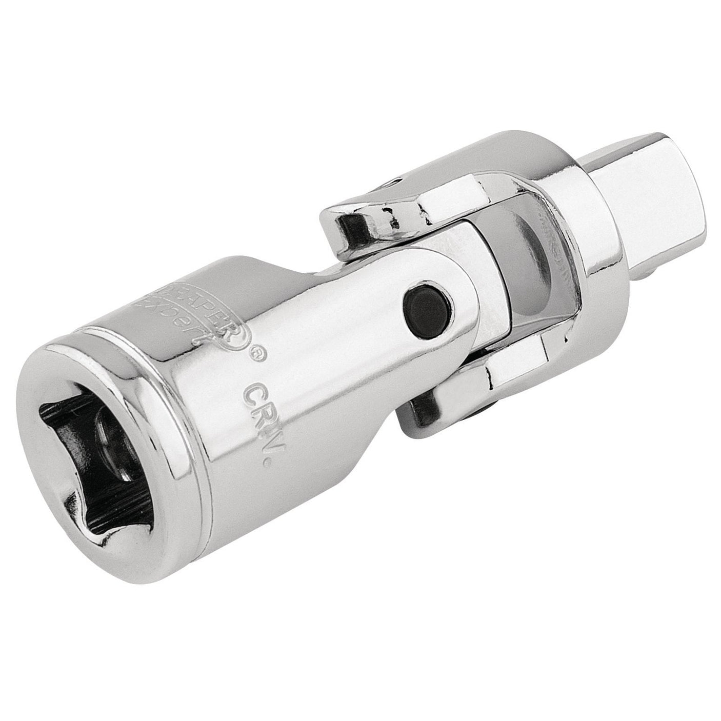 A close-up image of the Draper Universal Joint, 1/2" Sq. Dr. - H6/B made from shiny chrome vanadium steel, designed for a ratchet wrench and featuring a spring-loaded ball bearing for secure attachment.