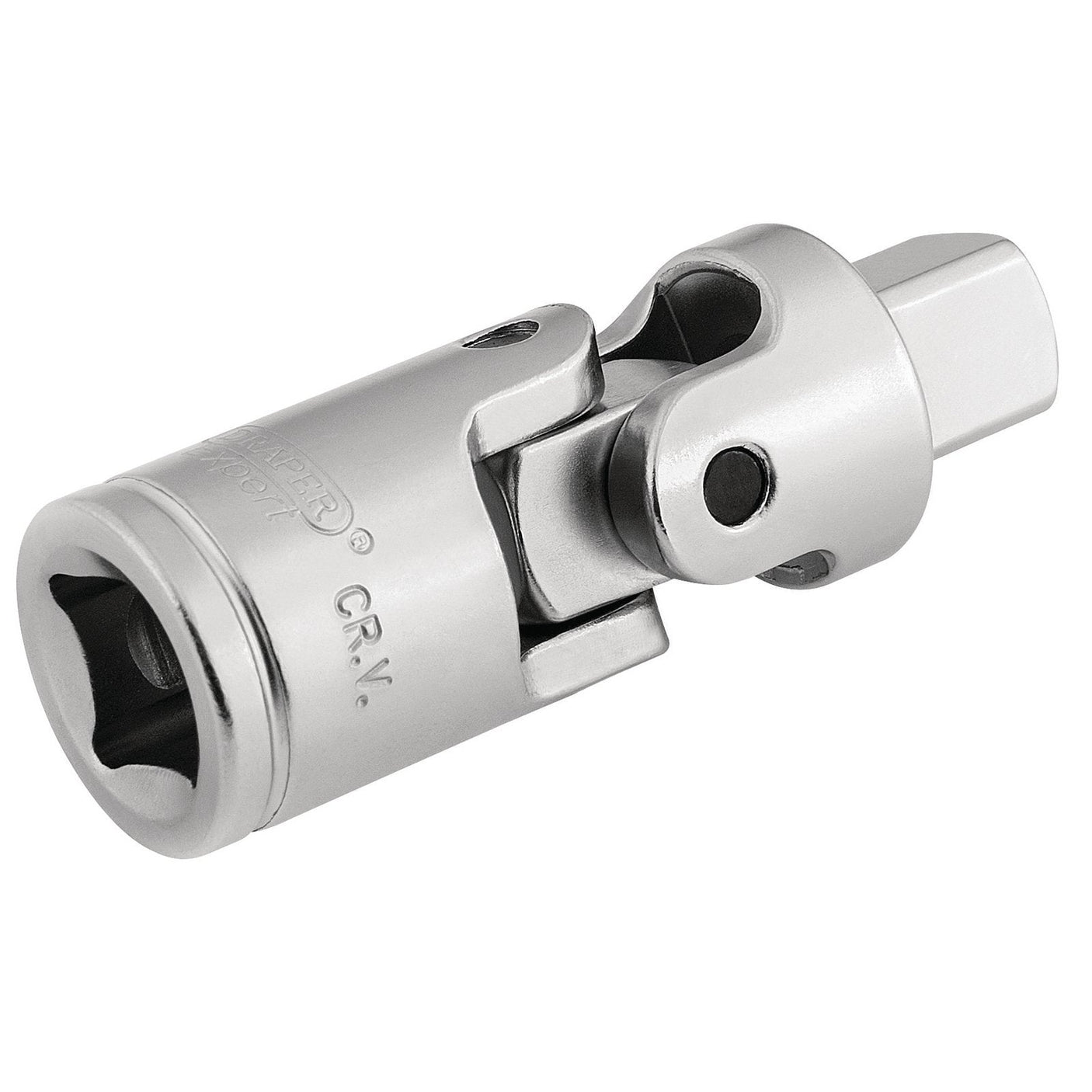 The Draper Satin Chrome Universal Joint, 1/2" Sq. Dr. - H6/MS, from Draper, features a robust pivoting mechanism for securely connecting tools and is made from durable chrome vanadium steel in compliance with DIN3122 standards.