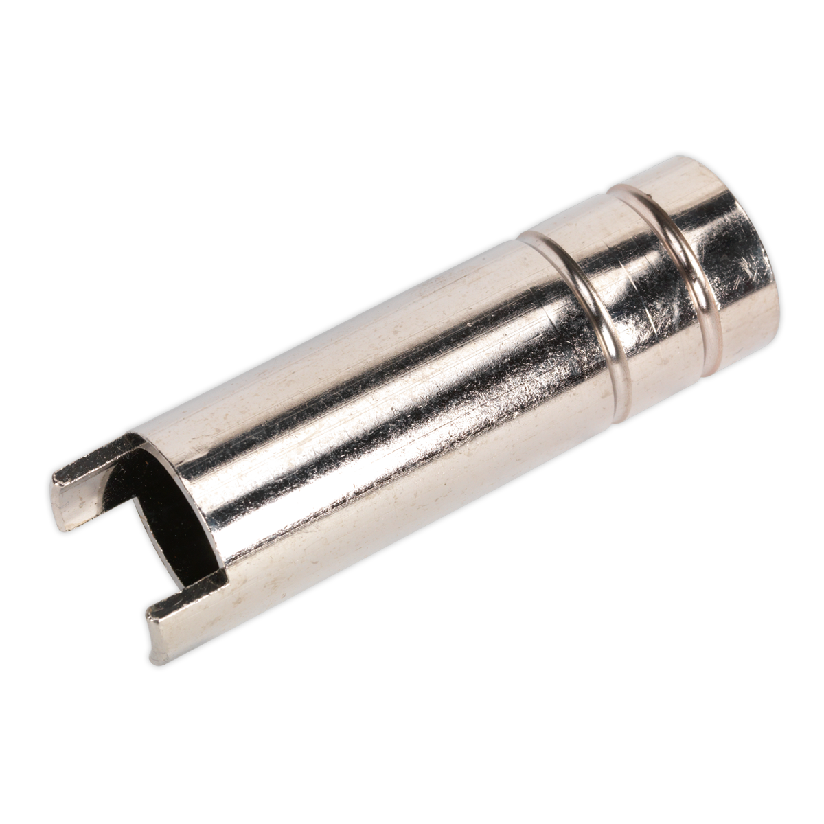 The Spot Welding Nozzle MB15 Single (formerly 120/722150) - 168.200162 by Sealey is a metallic tool with a hollow cylindrical shape and a U-shaped slot at one end, designed for precise applications.