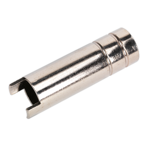 The Spot Welding Nozzle MB15 Single (formerly 120/722150) - 168.200162 by Sealey is a metallic tool with a hollow cylindrical shape and a U-shaped slot at one end, designed for precise applications.