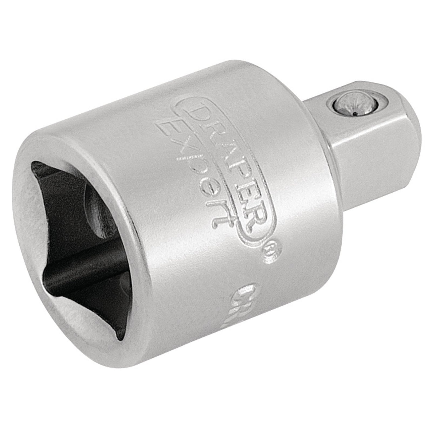 A close-up image of a Draper Socket Converter, 3/8"(F) X 1/4"(M) - D67A/B from the brand Draper, with text "Draper Expert" engraved on the side. Made from durable chrome vanadium steel, this converter features a square drive and ball detent for secure attachment, ensuring reliable socket holding during demanding tasks.