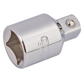A Draper Socket Converter, 1/2"(F) X 3/8"(M) - D67B/B, finished in chrome and made of durable chrome vanadium steel, with the brand name "Draper" engraved on its side.