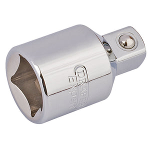 A Draper Socket Converter, 1/2"(F) X 3/8"(M) - D67B/B, finished in chrome and made of durable chrome vanadium steel, with the brand name "Draper" engraved on its side.