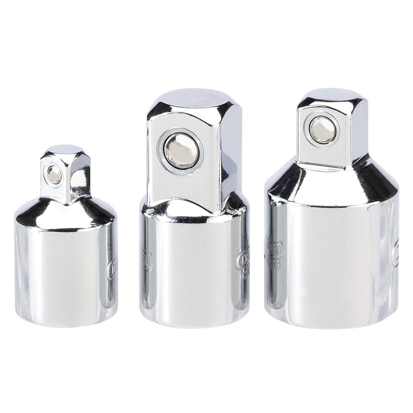 Three socket adapters of varying sizes arranged in a row, with the smallest on the left and the largest on the right. Made from durable chrome vanadium steel, they have hexagonal tops with holes and a polished finish that enhances their shine. The Draper Socket Converter Set (D67ABC/B) meets DIN3122 standards.