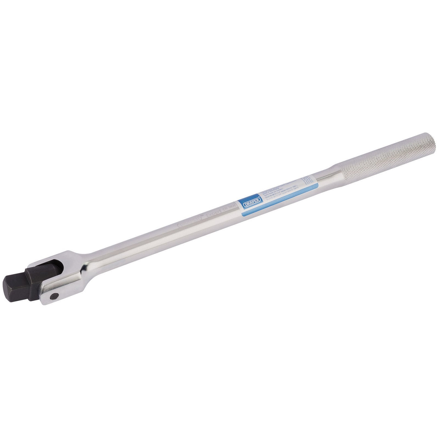 The Draper Breaker Bar, 3/4" Sq. Dr., 475mm - T12/B features a knurled handle, an attached square drive, and a hinged joint head for added flexibility. Crafted from durable chrome vanadium steel, this breaker bar ensures reliability and longevity.