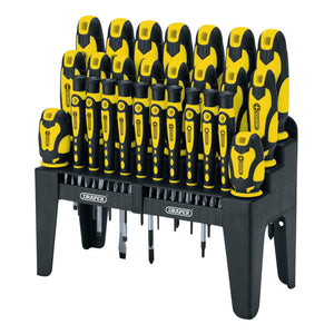 The Draper Soft Grip Screwdriver and Bit Set, Yellow (47 Piece) - 864/47/Y, is a high-quality collection displayed on a black stand. It features various sizes and types for different tasks, all crafted from durable chrome vanadium steel.