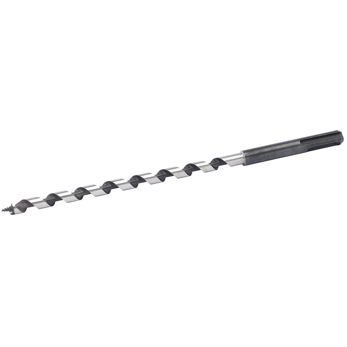 A Draper Sds+ Auger Bit, 230 X 8mm - AB-SDS, featuring a long silver spiral coating, a precision-machined pointed tip, and a hexagonal shank.