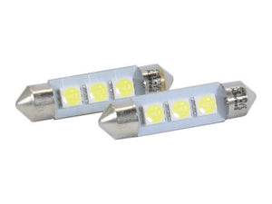 Two Sparex Light Bulb (LED) C5W bulbs, each with metal caps on each end and featuring three yellow LED chips in the center. These 12V, 1W SV8.5-8 bulbs emit a pleasing 4000K light (Agripak 2 pcs.), and are listed under Sparex Part Number S.168426.