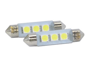 Two Sparex Light Bulb (LED) C5W, 12V, 1W, SV8.5-8 (Agripak 2 pcs.) with three yellow diodes each and silver-colored bases, designed for car use, placed side by side on a white background.