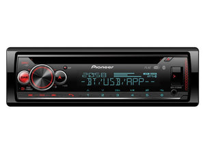 A black Sparex Pioneer car stereo (DEH-S720DAB) featuring a digital display that shows the time and the text "BT/USB/APP." Equipped with Bluetooth functionality, it has buttons and a volume knob on the left side. The stereo also supports DAB+, Aux In, Android, iPod-iPhone, Spotify App, USB, and CD functions.