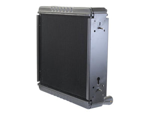 A Sparex metal automotive radiator with black cooling fins and connection openings, compatible with the FAVORIT 712 and Fendt FARMER, identified as Radiator | Sparex Part No. S.168474.