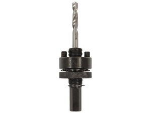 Image of the Sparex Holesaw Arbour (A1) 14-30mm, part number S.168849, with an attached pilot drill bit crafted from High Speed Steel, used for securing hole saw blades to power drills for making circular cuts in various materials.