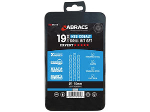 The "Sparex Cobalt Drill Bit Set 19 pcs." (Sparex Part Number: S.168852) features 19 pieces with diameters ranging from 1mm to 10mm, made from M35 High Speed Steel. Designed for use on hardened steel, alloys, and cast iron, this set adheres to DIN338 standards.