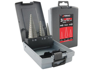 A set of three precision ground HSS step drill bits displayed in an open grey plastic case with labeled sizes ranging from 4-30mm. The front of the case also shows the brand Sparex and product details, including the Step Drill Bit Set 3 pcs. and Sparex Part Number: S.168853.