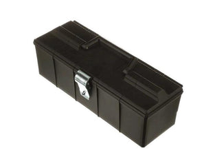 A closed Sparex Tool Box (Part No. S.168882) in black with a silver latch is shown. This rectangular plastic toolbox features a handle on top.