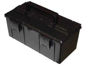 The Sparex Tool Box (Part No. S.168883) is a black plastic container featuring a convenient top handle and two front latches to securely close the lid.