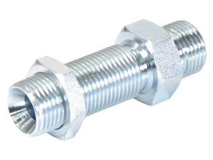 A hydraulic adaptor featuring a double-ended threaded pipe connector with visible locknuts on both ends, designed with 1/2'' BSP Male threads for compatibility. Product: Hydraulic Adaptor 1/2'' BSP Male x 1/2'' BSP Male Extended Bulkhead with Locknut (Sparex Part Number: S.168896) from Sparex.