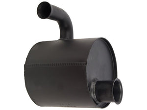 The Silencer - Underhood, Sparex Part Number S.168953, by Sparex, is a black metal car muffler featuring two protruding pipes—one curved and one straight. The surface is smooth with a matte finish and coated with heat-resistant paint.