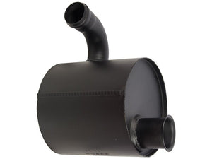 The Silencer - Underhood (Sparex Part Number: S.168954) from Sparex is a black cylindrical exhaust muffler featuring an angled inlet pipe, a straight outlet pipe, and is coated in heat-resistant paint.