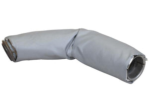 The Exhaust Flexible Coupler (Sparex Part Number: S.168955) from Sparex is a sleek aluminum-finished grey pipe that is insulated and flexible, with metal connectors at both ends and a slight bend in the middle.