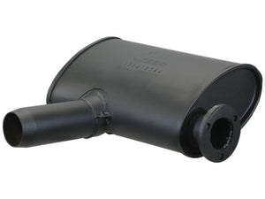 The Silencer - Underhood (Sparex Part Number: S.168959) by Sparex is a black exhaust muffler with an inlet and outlet pipe designed for noise reduction in a vehicle's exhaust system, featuring heat-resistant paint for added durability.