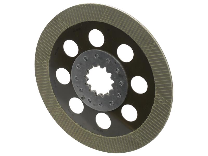 The Brake Friction Disc, known under Sparex Part Number S.168978, is a circular industrial metal disc with an outer diameter of 355mm. It features a central star-shaped hole and multiple round holes distributed around it, along with a textured outer edge. This design, akin to the Splines ID standard, ensures compatibility for various applications.