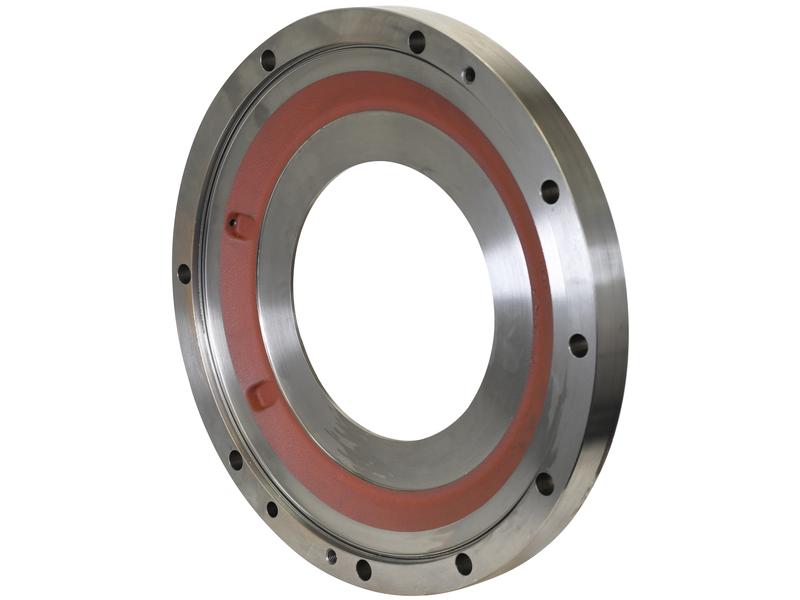 Intermediate Brake Disc by Sparex, with an Outer Diameter of 445mm and a red interior section, possibly serving as a mechanical part or seal, featuring evenly spaced holes around the perimeter for precise fitting. (Sparex Part Number: S.169023)