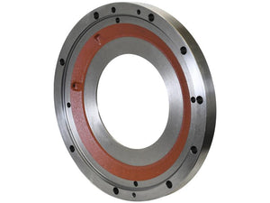 A circular metal mechanical part with a central hole, several smaller holes around the outer edge, and partially coated with red material, the Intermediate Brake Disc (Sparex Part Number: S.169027) by Sparex boasts a precise 445mm OD for optimal performance.