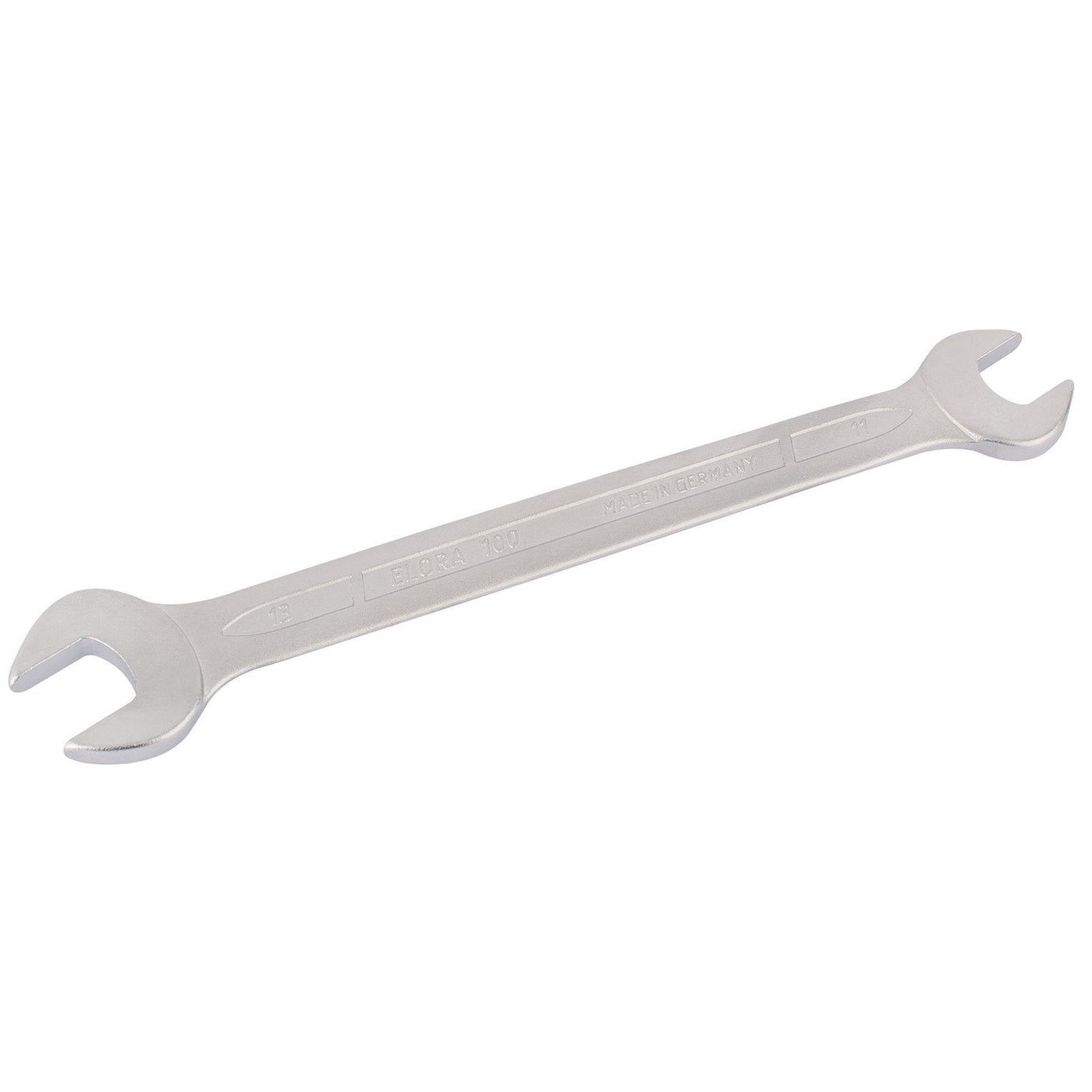 The Draper Elora Long Metric Double Open End Spanner, 11 X 13mm - 100-11x13, is a metallic wrench crafted from durable chrome vanadium steel, featuring one larger and one smaller opening for tightening or loosening nuts and bolts, with added corrosion protection.