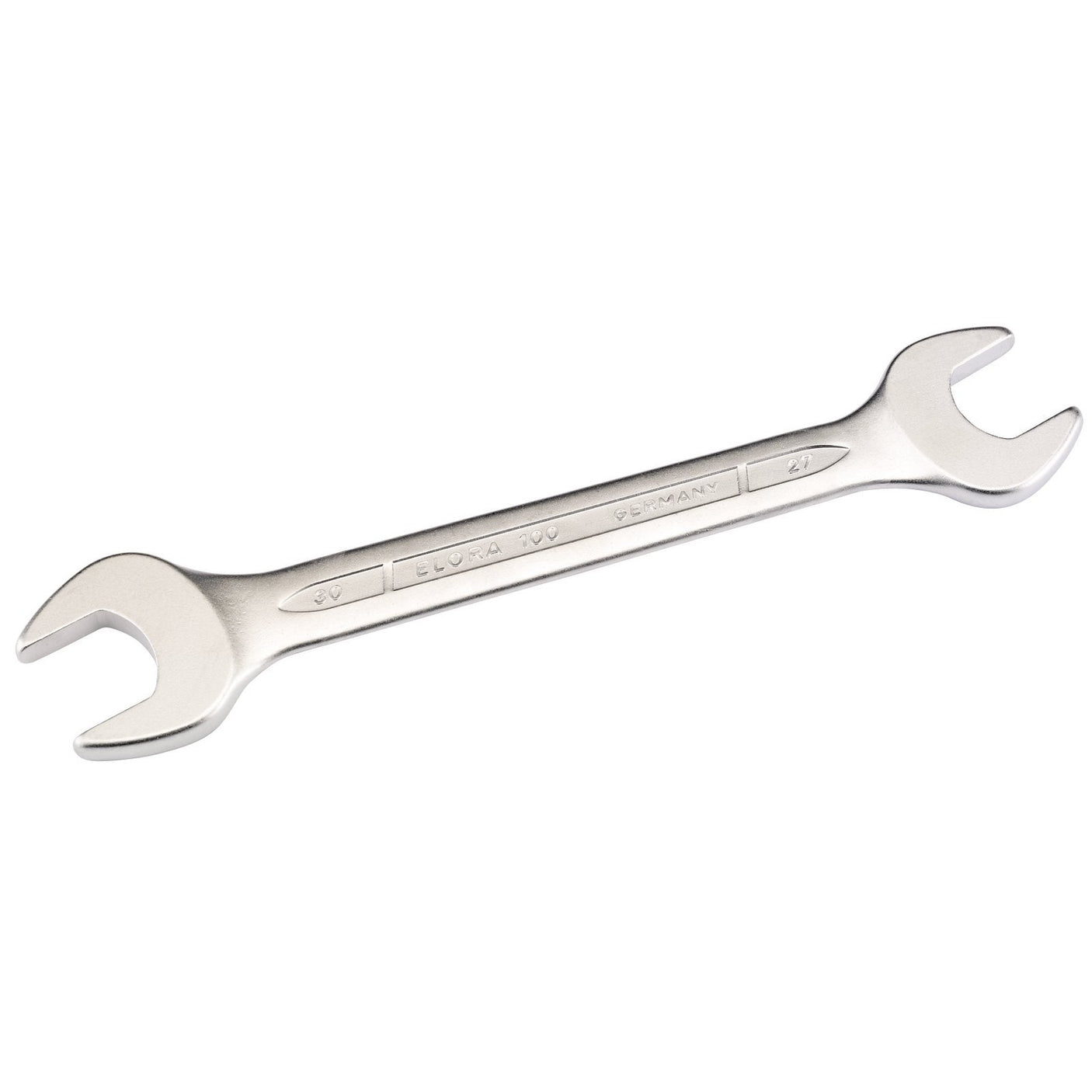 The Draper Elora Long Metric Double Open End Spanner, 27 X 30mm - 100-27x30, crafted from durable chrome vanadium steel, features one end larger than the other for versatile use in tightening or loosening nuts and bolts. This reliable tool also boasts corrosion protection and adheres to DIN 3110 standards.